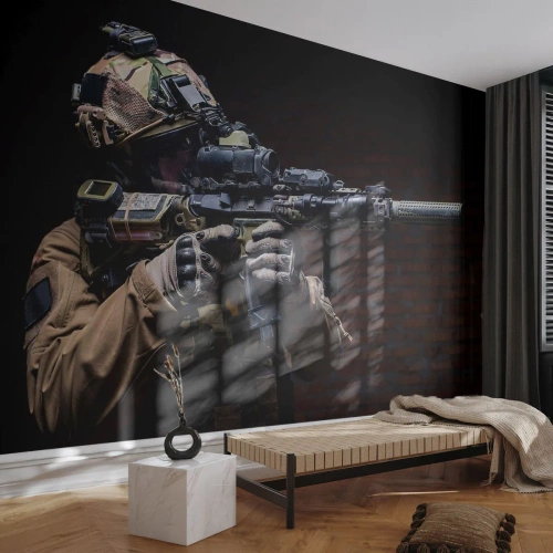 Tapet Standard Eco - Soldat tactic cu o armă în întuneric - 100x70cm - Eficient mortal - Decorațiune modernă pentru perete pentru living și dormitor ARTTOR