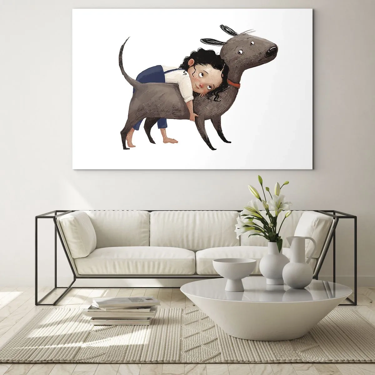Tablou pe sticlă - O fată îmbrățișând un câine mare pe un fundal alb - 70x50cm - Cei mai buni prieteni - Decorațiune modernă pentru perete pentru living și dormitor ARTTOR