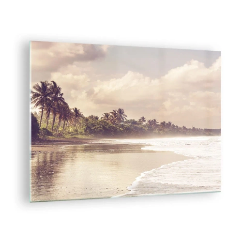 Tablou pe sticlă - O plajă aurie cu palmieri și un ocean calm în lumina blândă - 70x50cm - Mângâind valurile - Decorațiune modernă pentru perete pentru living și dormitor ARTTOR