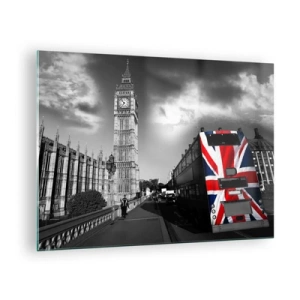 Tablou pe sticlă - Big Ben și un autobuz cu steag britanic - 70x50cm - Mândru și mare - Decorațiune modernă pentru perete pentru living și dormitor ARTTOR