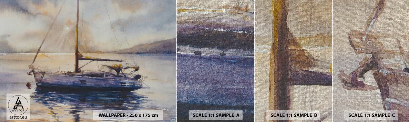 Mostră tapet Premium Canvas - O seară în golf - Barcă cu pânze, Pescuit, Litoral - 100x30 cm