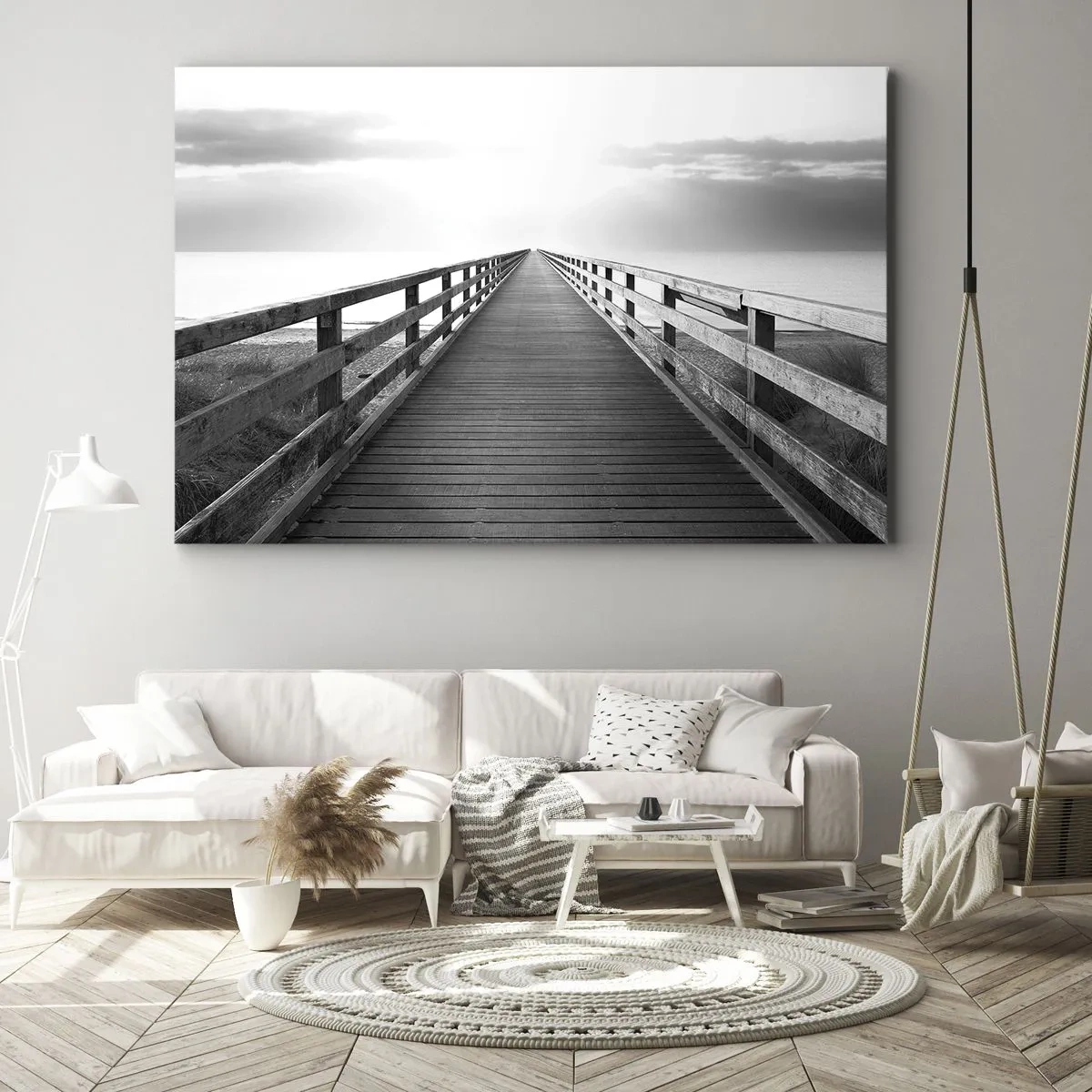 Tablou pe pânză Canvas - imagine alb-negru a unui debarcader din lemn care duce spre orizont. - 70x50cm - Departe, departe... - Decorațiune modernă pentru perete pentru living și dormitor ARTTOR