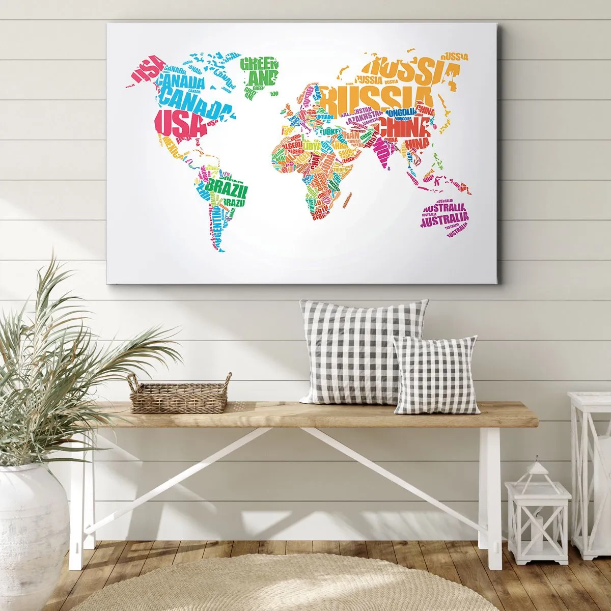 Tablou pe pânză Canvas - Hartă colorată a lumii cu nume de țări - 70x50cm - Vreau să le cunosc pe toate - Decorațiune modernă pentru perete pentru living și dormitor ARTTOR