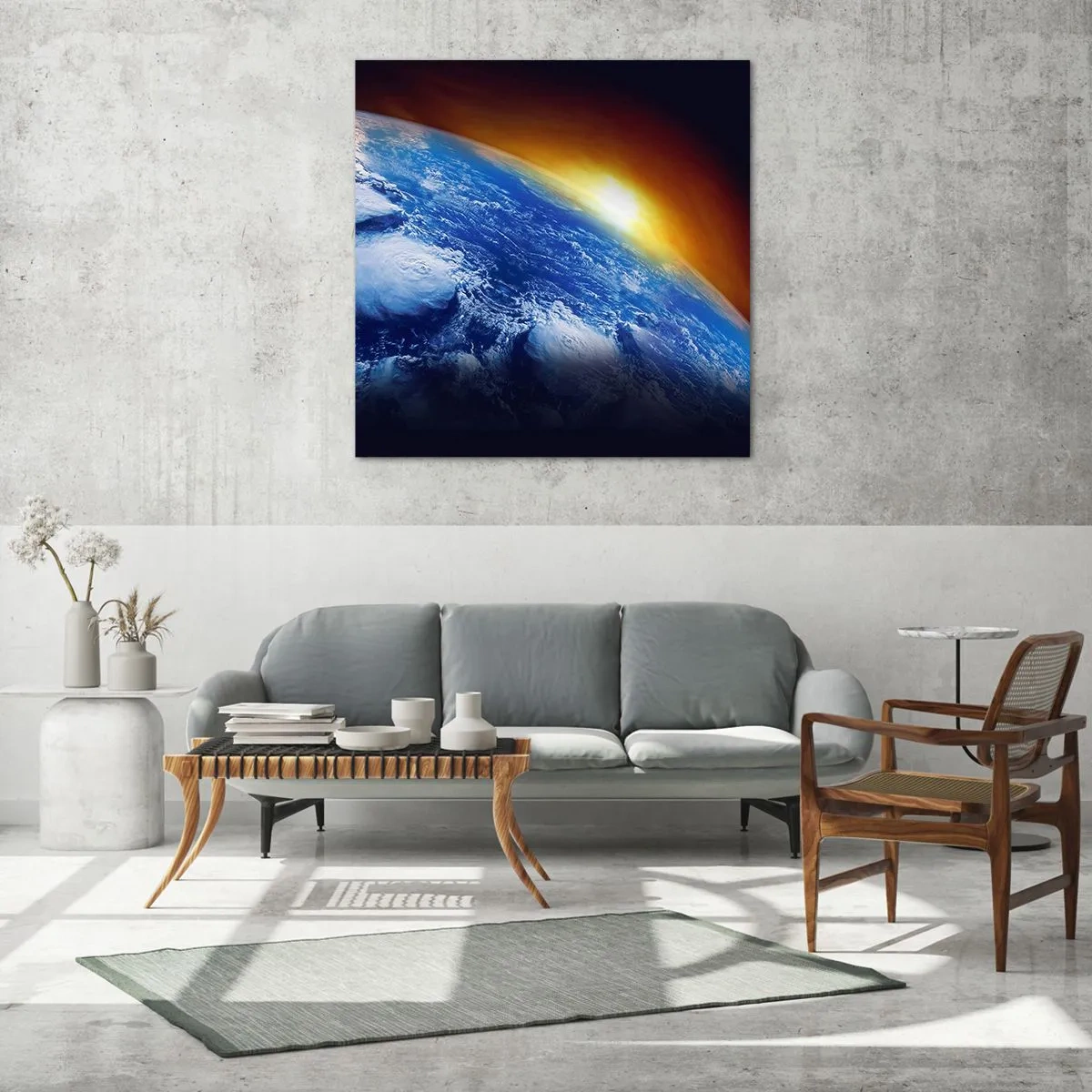 Tablou pe sticlă - Răsărit de soare deasupra planetei albastre - 50x50 cm
