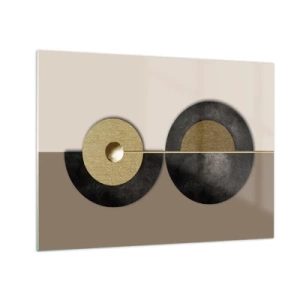 Tablou pe sticlă - Cercuri geometrice aurii și negre pe fundal bej - 70x50cm - Variații în jurul unui cerc - Decorațiune modernă pentru perete pentru living și dormitor ARTTOR