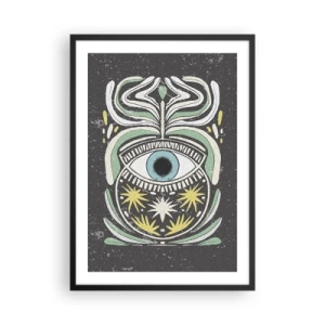 Poster în ramă neagră - Un ochi simbolic înconjurat de modele vegetale pe un fundal întunecat. - 50x70cm - Ritualuri tribale - Decorațiune modernă pentru perete pentru living și dormitor ARTTOR