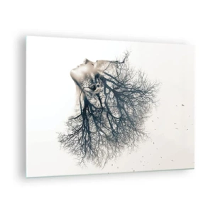 Tablou pe sticlă - Silueta unei femei cu crengi pe post de păr - 70x50cm - Ascultând șoapta copacului - Decorațiune modernă pentru perete pentru living și dormitor ARTTOR