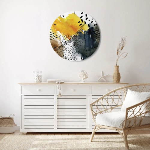 Ceas de perete - Ceas pe sticlă - Model abstract în galben, albastru marin și negru - 30x30cm - O întâlnire a elementelor - Decorațiune modernă pentru perete pentru living, bucătărie și dormitor ARTTOR