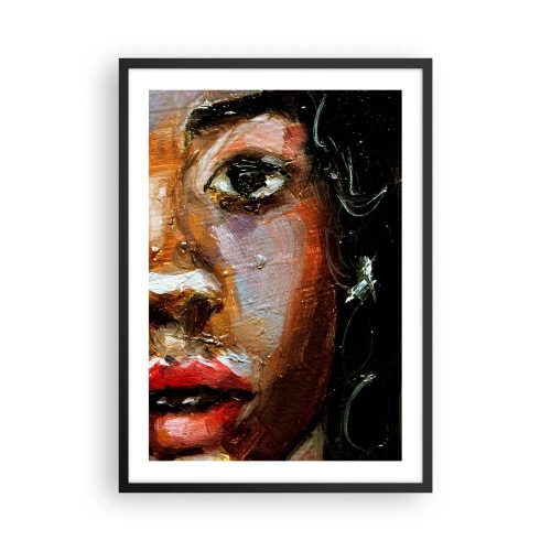 Poster în ramă neagră - Un portret abstract al unei femei în culori intense, cu un ochi expresiv. - 50x70cm - Negru și strălucire - Decorațiune modernă pentru perete pentru living și dormitor ARTTOR