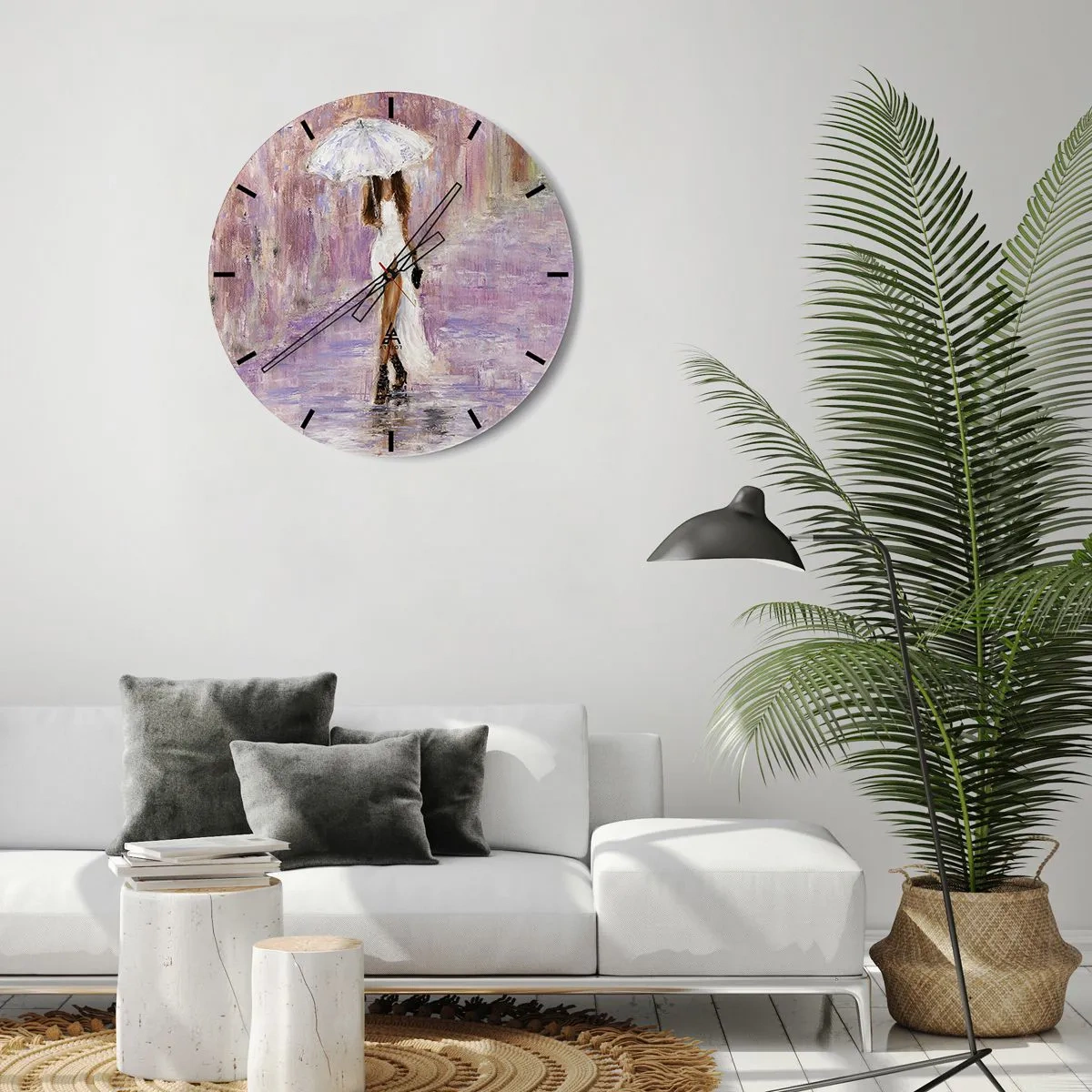 Ceas de perete - Ceas pe sticlă - Figura unei femei cu o umbrelă în ploaie, pe un fundal liliac - 30x30cm - În ploaia de liliac - Decorațiune modernă pentru perete pentru living, bucătărie și dormitor ARTTOR