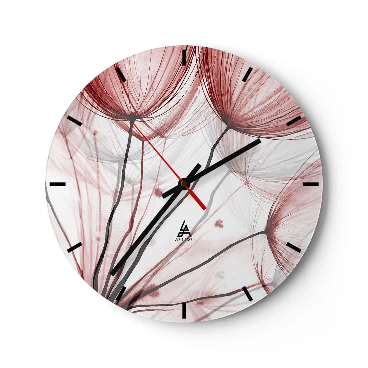 Ceas de perete - Ceas pe sticlă - Păpădii delicate în nuanțe de roșu și alb - 30x30cm - Înainte de plecare - Decorațiune modernă pentru perete pentru living, bucătărie și dormitor ARTTOR