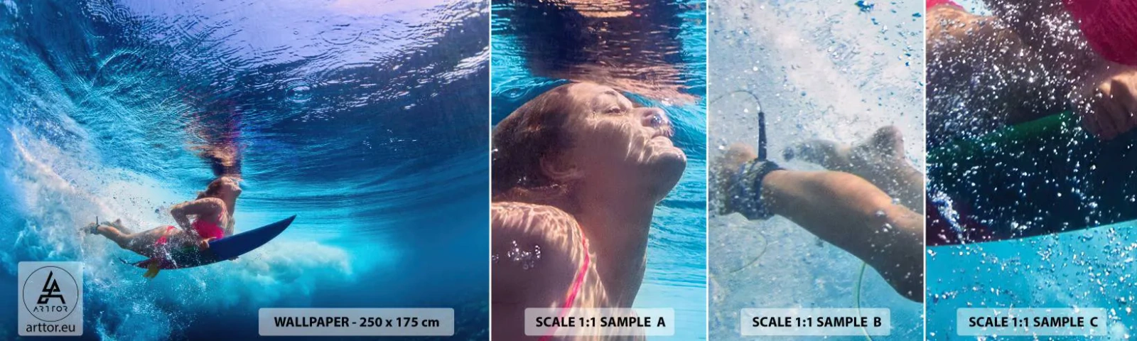 Mostră tapet autocolant Deluxe Sticker - Profunzimea bucuriei - Surfing, Femeie, Sport - 100x30 cm