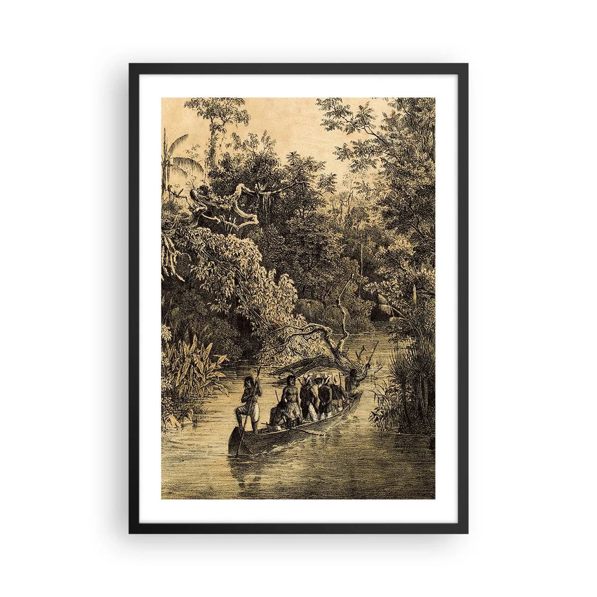 Poster în ramă neagră - gravură a unei păduri tropicale și a unei bărci pe un râu - 50x70cm - Călătorie la sursă - Decorațiune modernă pentru perete pentru living și dormitor ARTTOR
