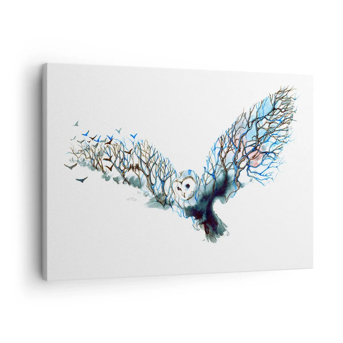 Tablou pe pânză Canvas - Grafică artistică a unei bufnițe cu aripile întinse - 70x50cm - Pe aripile pădurii - Decorațiune modernă pentru perete pentru living și dormitor ARTTOR