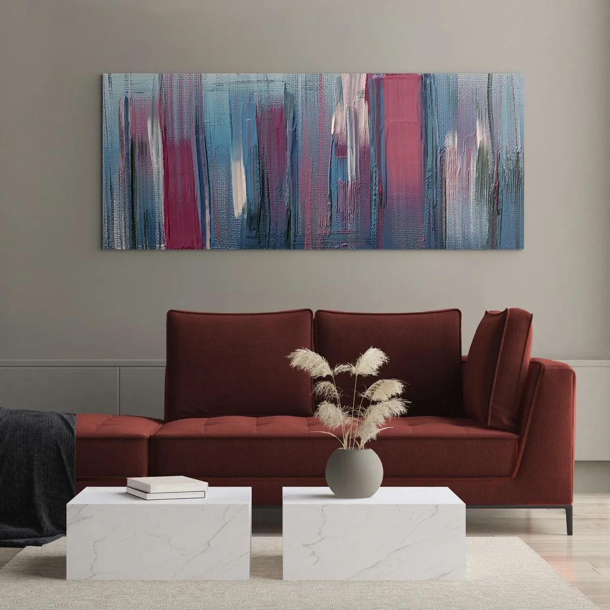 Tablou pe sticlă - Compoziție verticală în albastru și roșu - 120x50 cm