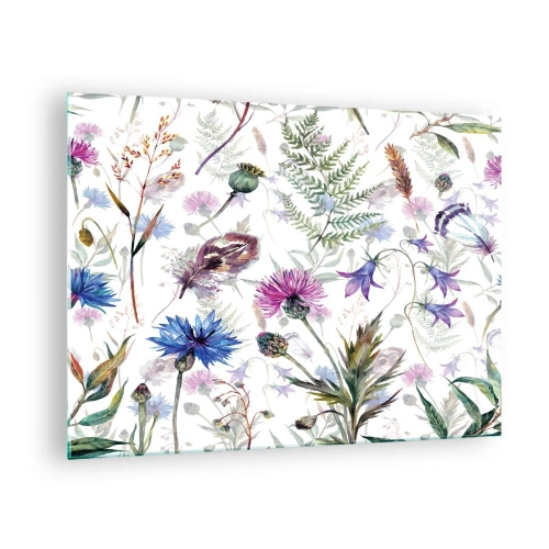 Tablou pe sticlă - Desene cu flori sălbatice și frunze pe un fundal deschis - 70x50cm - Ierbarul polonez - Decorațiune modernă pentru perete pentru living și dormitor ARTTOR