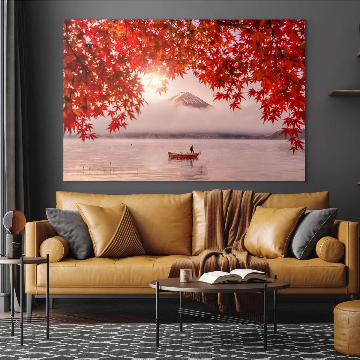 Tablou pe sticlă - Muntele Fuji cu o barcă pe un lac înconjurat de frunze roșii - 70x50cm - În stil japonez - Decorațiune modernă pentru perete pentru living și dormitor ARTTOR