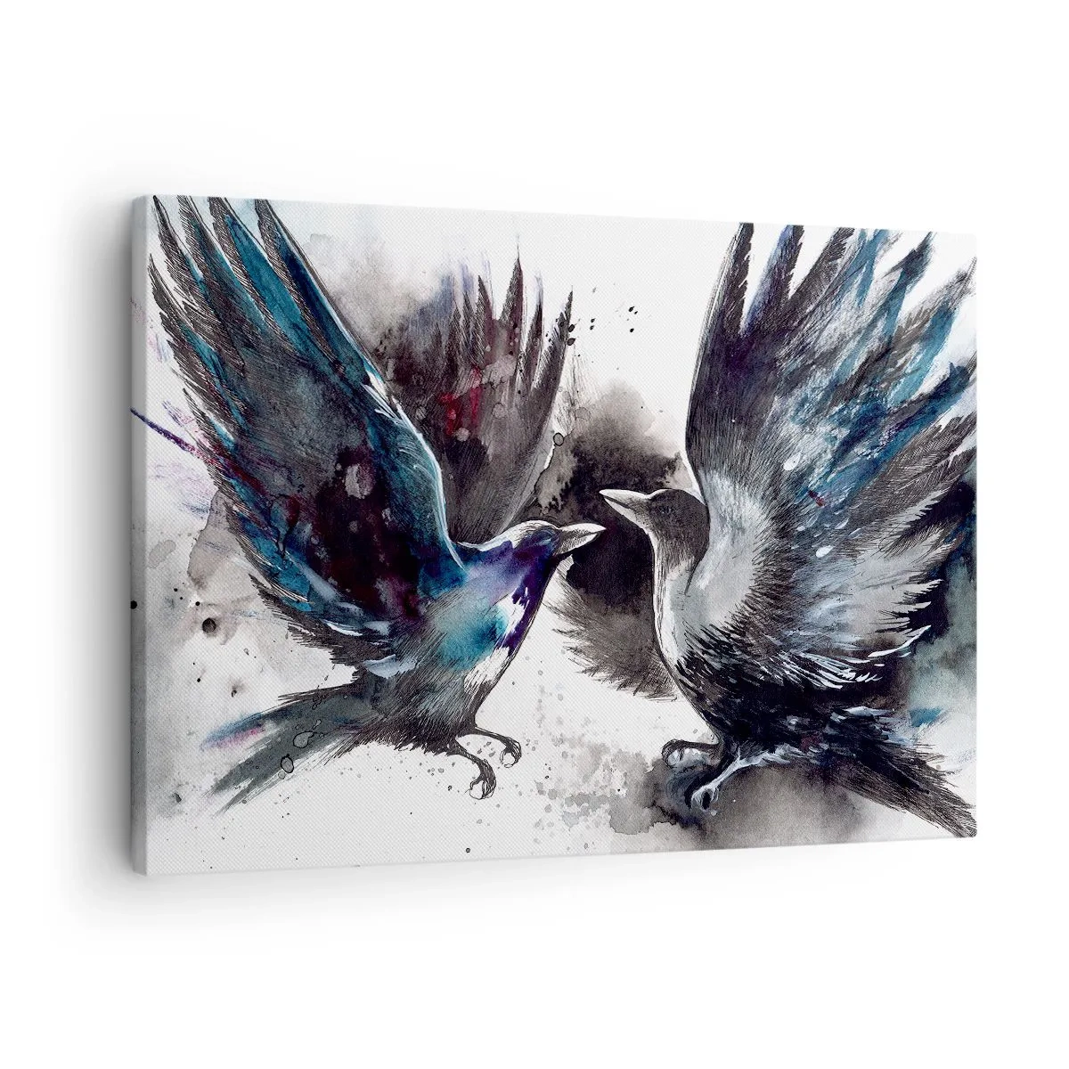 Tablou pe pânză Canvas - Corbi artistici într-o compoziție dinamică în acuarelă - 70x50cm - Bătălia corbilor - Decorațiune modernă pentru perete pentru living și dormitor ARTTOR