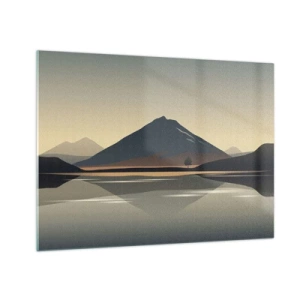Tablou pe sticlă - Munți și lac în tonuri calde cu efect reflectorizant - 70x50cm - În oglindă - Decorațiune modernă pentru perete pentru living și dormitor ARTTOR