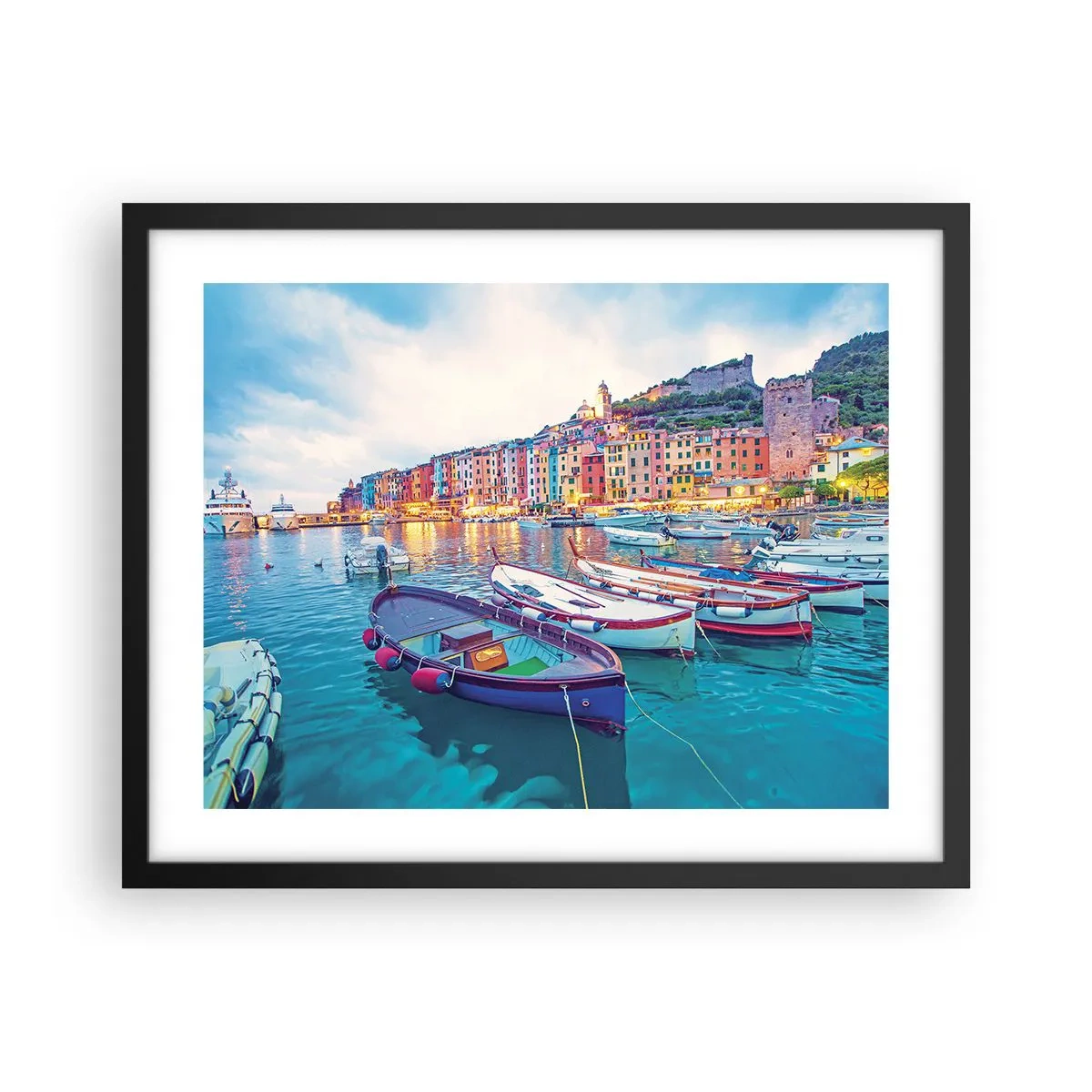 Poster în ramă neagră - O seară plină de culoare în port - 50x40 cm