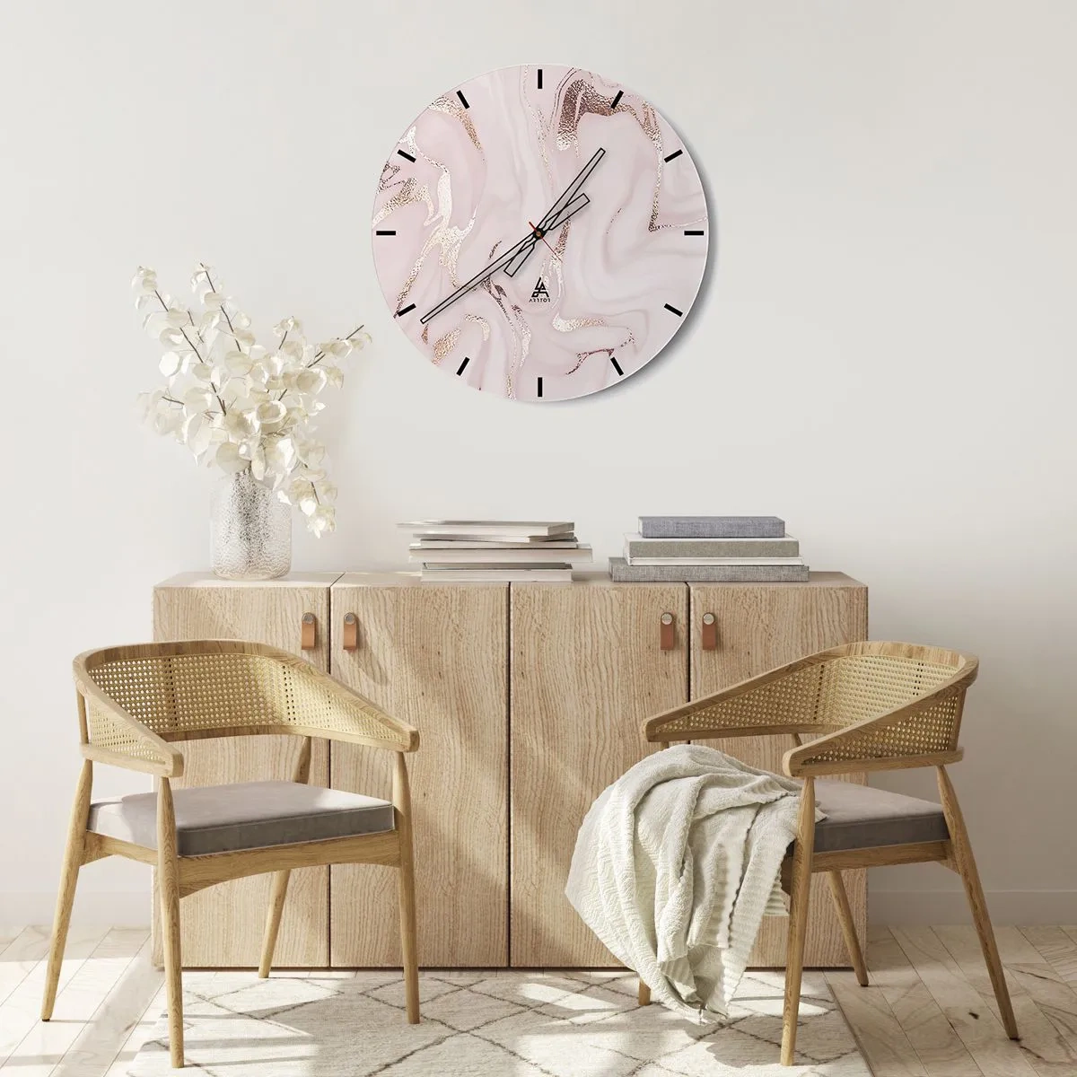 Ceas de perete - Ceas pe sticlă - Fundal de marmură roz deschis cu vene aurii strălucitoare - 30x30cm - În nebunia roz - Decorațiune modernă pentru perete pentru living, bucătărie și dormitor ARTTOR