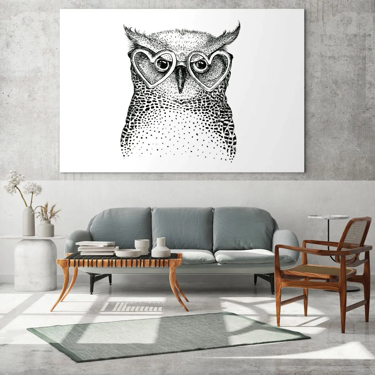 Tablou pe sticlă - Ilustrație a unei bufnițe purtând ochelari în formă de inimă - 70x50cm - Cu înțelepciune și dragoste - Decorațiune modernă pentru perete pentru living și dormitor ARTTOR