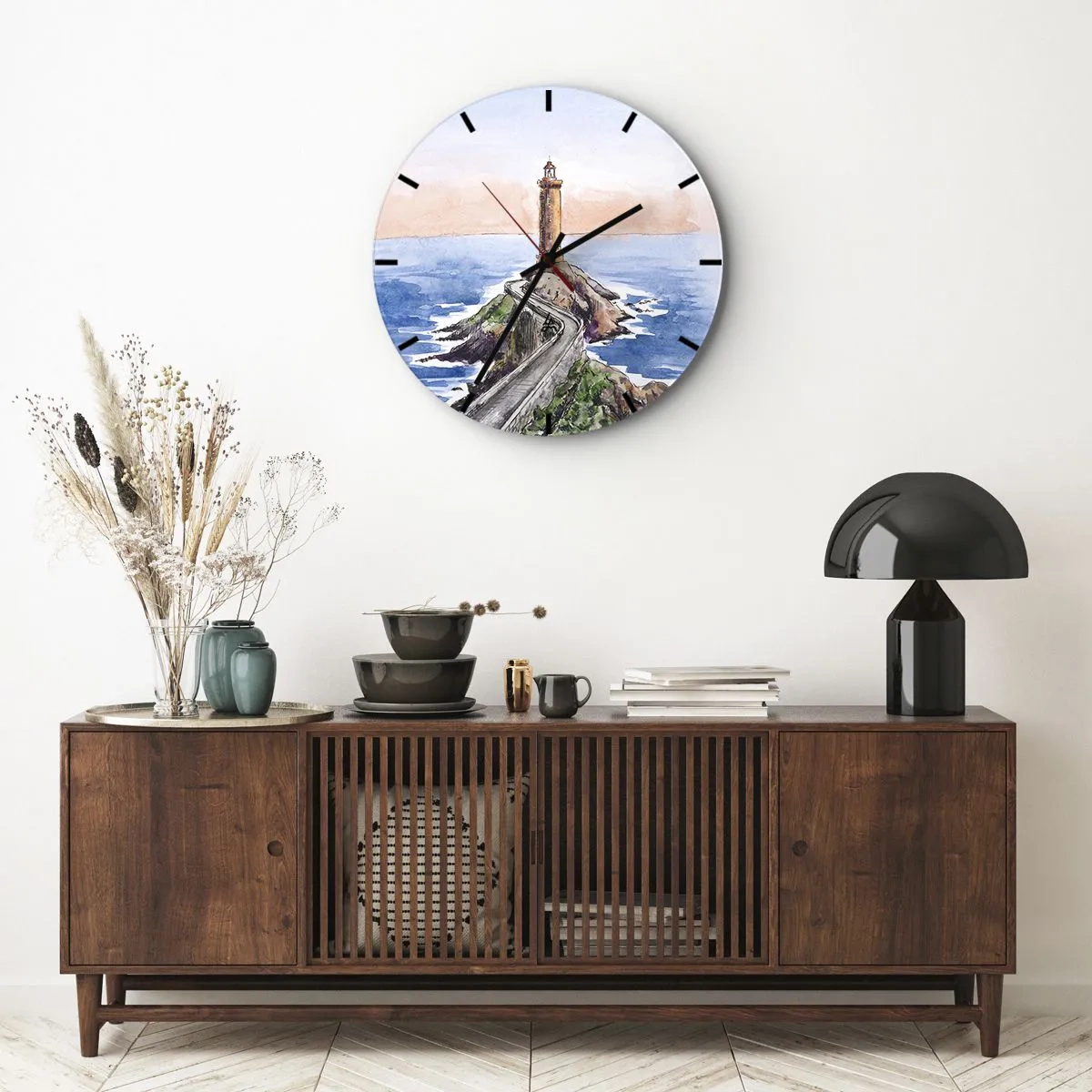 Ceas de perete - Ceas pe sticlă - Un far pe un promontoriu în stil acuarelă - 30x30cm - Cu fața la mare - Decorațiune modernă pentru perete pentru living, bucătărie și dormitor ARTTOR