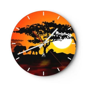 Ceas de perete - Ceas pe sticlă - Peisaj african cu siluete de copaci și animale la apus - 30x30cm - Întâlnire în savană - Decorațiune modernă pentru perete pentru living, bucătărie și dormitor ARTTOR