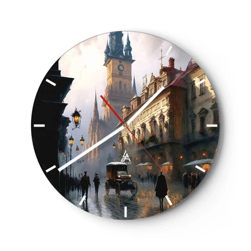 Ceas de perete - Ceas pe sticlă - Plimbare de seară prin centrul istoric al orașului - 30x30cm - Magia unei seri la Praga - Decorațiune modernă pentru perete pentru living, bucătărie și dormitor ARTTOR