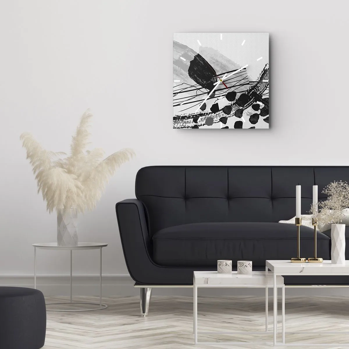 Ceas de perete - Ceas pe sticlă - Abstracție organică în negru și alb - 30x30 cm