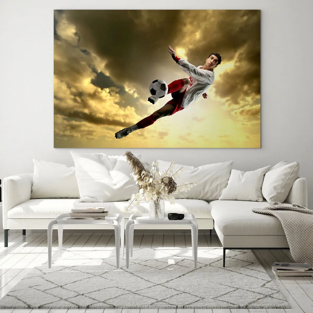 Tablou pe sticlă - Un jucător de fotbal în acțiune pe un cer auriu - 70x50cm - Cerul fotbalului - Decorațiune modernă pentru perete pentru living și dormitor ARTTOR