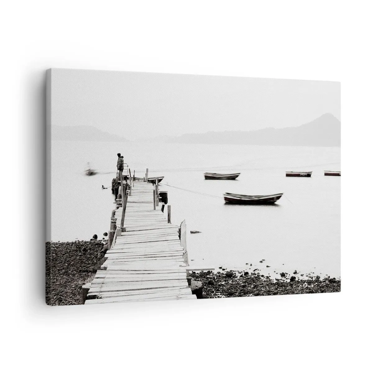 Tablou pe pânză Canvas - dig de lemn și bărci pe ape calme - 70x50cm - Peste apă liniștită și limpede - Decorațiune modernă pentru perete pentru living și dormitor ARTTOR