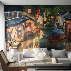 Tapet Premium Sand - O seară pe o stradă chinezească - Peisaj, Oraș, Asia - 100x70 cm