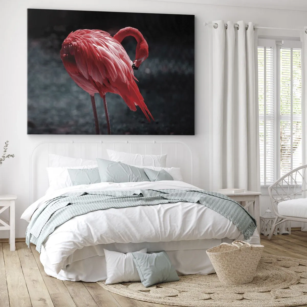 Tablou pe pânză Canvas - Un flamingo roz pe un fundal verde închis - 70x50cm - Poemul purpuriu al naturii - Decorațiune modernă pentru perete pentru living și dormitor ARTTOR
