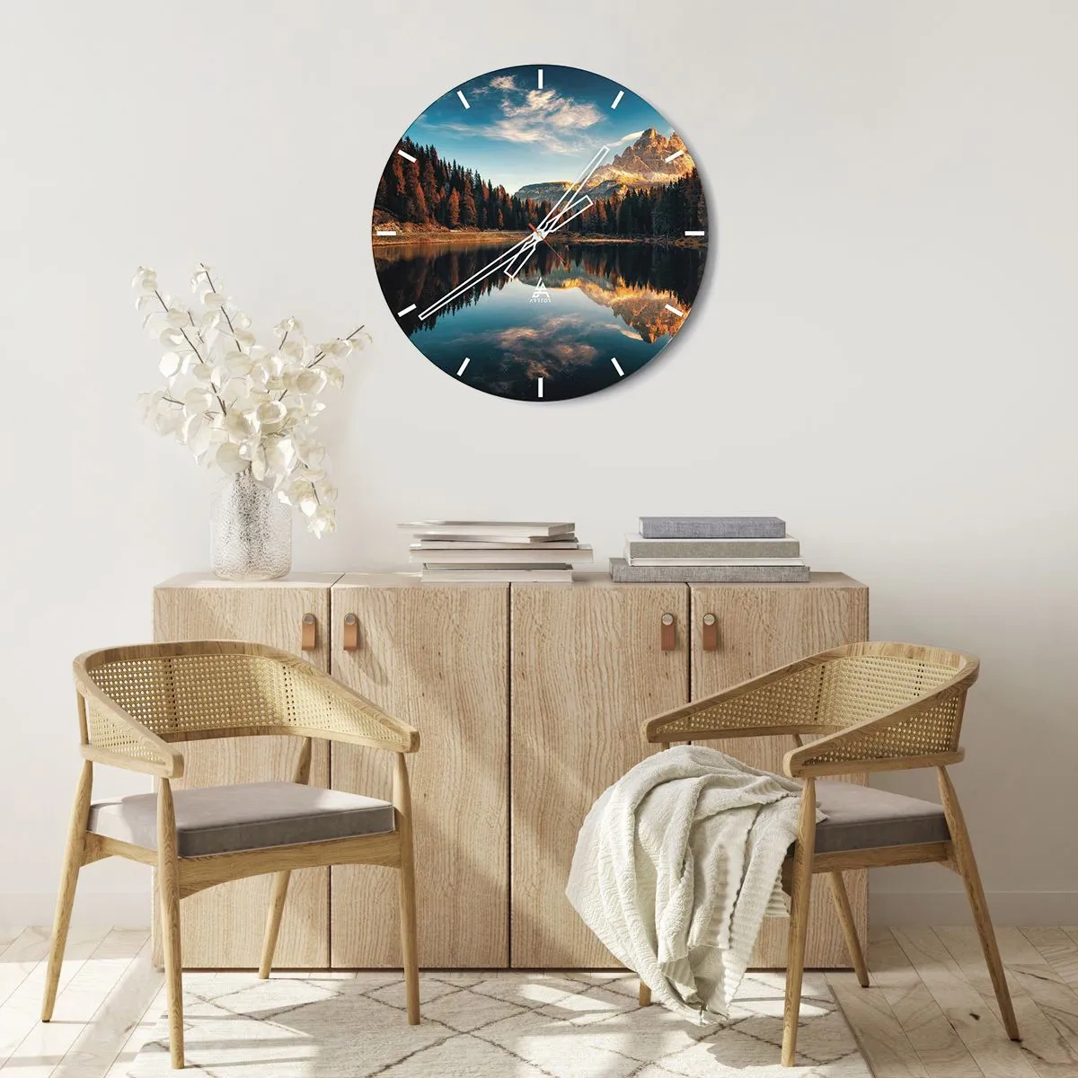 Ceas de perete - Ceas pe sticlă - Peisaj montan cu reflexie în lac - 30x30cm - Peisaj dublat - Decorațiune modernă pentru perete pentru living, bucătărie și dormitor ARTTOR