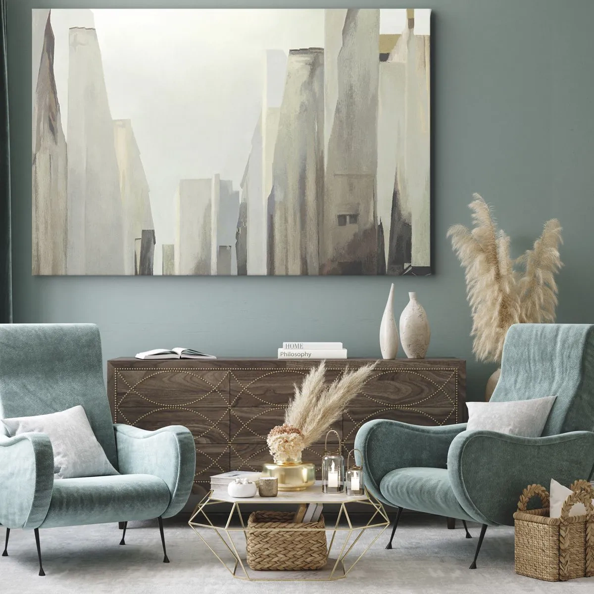 Tablou pe pânză Canvas - peisaj urban abstract în nuanțe pastelate - 70x50cm - Vis urban - Decorațiune modernă pentru perete pentru living și dormitor ARTTOR