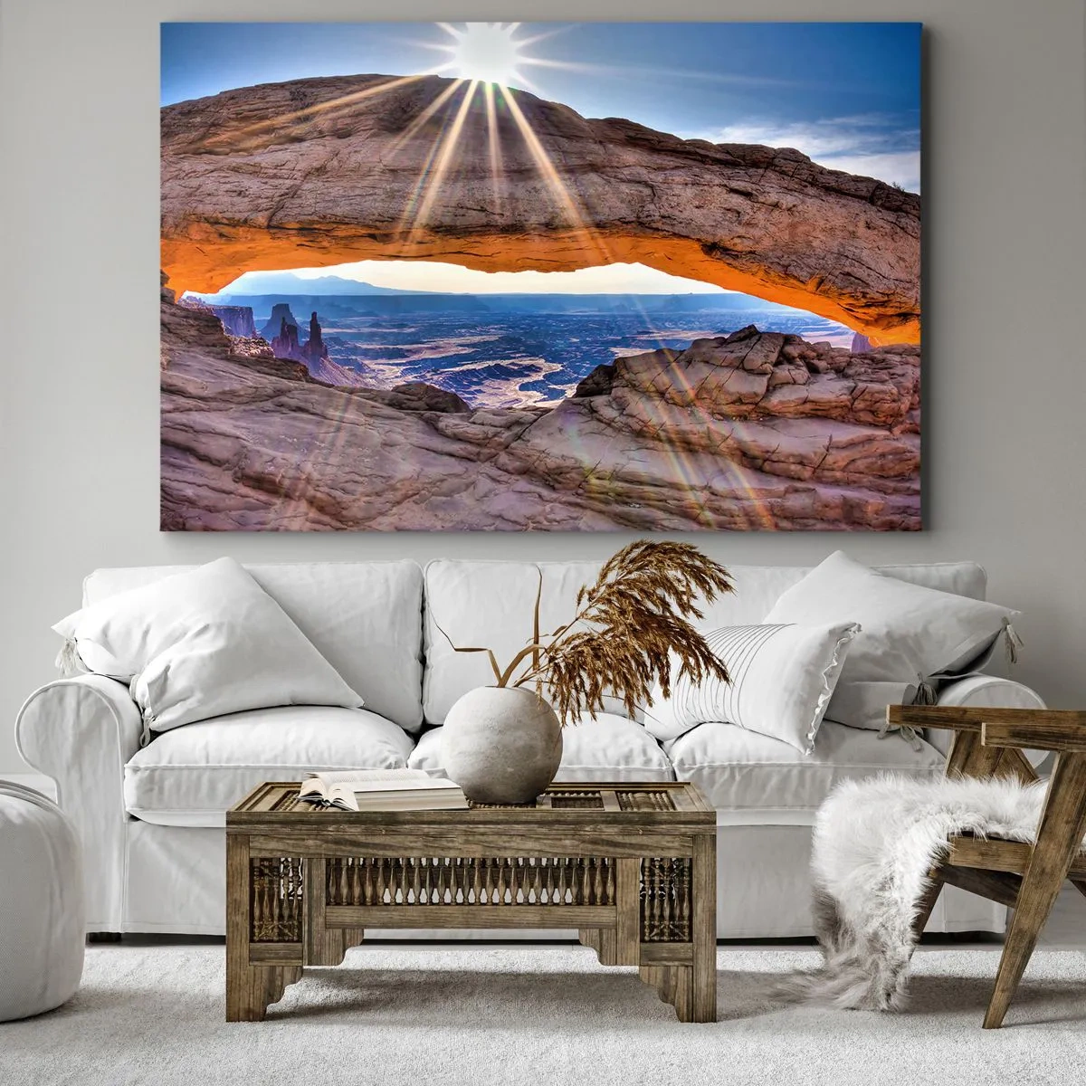 Tablou pe pânză Canvas - Arc de stâncă cu vedere la canion la răsărit - 70x50cm - Prin poarta de piatră - Decorațiune modernă pentru perete pentru living și dormitor ARTTOR