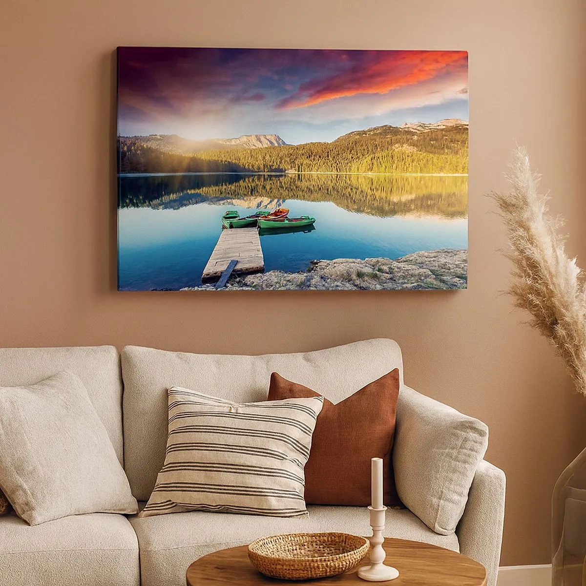 Tablou pe pânză Canvas - Apus de soare peste lac cu bărci la dig - 70x50cm - Spre o apă netedă ca o oglindă - Decorațiune modernă pentru perete pentru living și dormitor ARTTOR