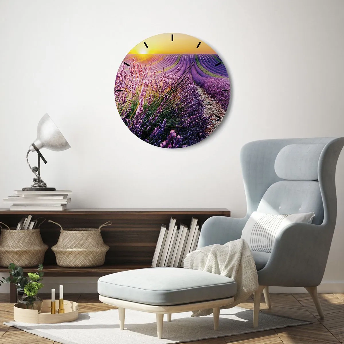 Ceas de perete - Ceas pe sticlă - Câmp de lavandă la apus cu o potecă stâncoasă - 30x30cm - Câmpul parfumat - Decorațiune modernă pentru perete pentru living, bucătărie și dormitor ARTTOR