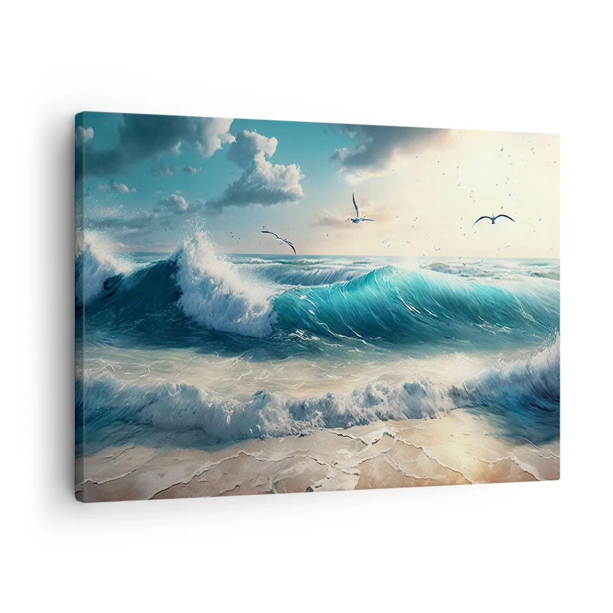 Tablou pe pânză Canvas - Valuri ale mării pe plajă sub un cer albastru cu pescăruși - 70x50cm - Sunetul valurilor doar pentru tine - Decorațiune modernă pentru perete pentru living și dormitor ARTTOR