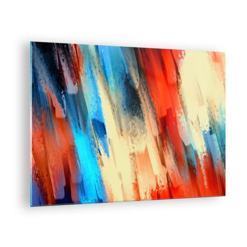 Tablou pe sticlă - Tușe abstracte de pensulă în nuanțe de albastru, roșu și bej - 70x50cm - O cascadă de culori - Decorațiune modernă pentru perete pentru living și dormitor ARTTOR