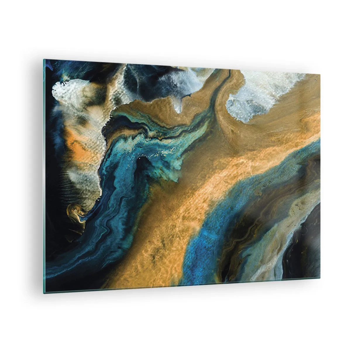 Tablou pe sticlă - Compoziție abstractă în nuanțe de albastru și auriu - 70x50cm - Albastru - galben - influență reciprocă - Decorațiune modernă pentru perete pentru living și dormitor ARTTOR