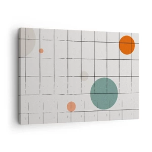Tablou pe pânză Canvas - Cercuri colorate abstracte pe un fundal de grilă geometrică - 70x50cm - În capcană. Noi sau ele? - Decorațiune modernă pentru perete pentru living și dormitor ARTTOR