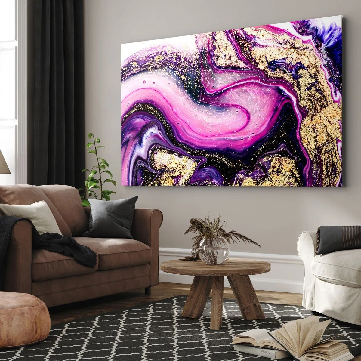 Tablou pe pânză Canvas - Valuri abstracte în nuanțe de violet și auriu - 70x50cm - Un moment în culise - Decorațiune modernă pentru perete pentru living și dormitor ARTTOR