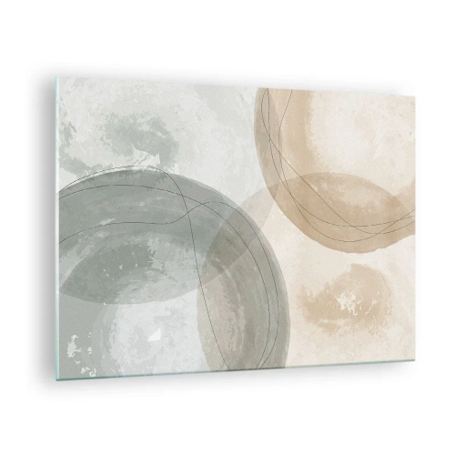 Tablou pe sticlă - Cercuri și linii pastelate într-o compoziție subtilă - 70x50cm - Întrepătrunderea lumilor - Decorațiune modernă pentru perete pentru living și dormitor ARTTOR