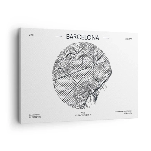 Tablou pe pânză Canvas - O hartă a Barcelonei într-un stil minimalist alb-negru - 70x50cm - Anatomia Barcelonei - Decorațiune modernă pentru perete pentru living și dormitor ARTTOR