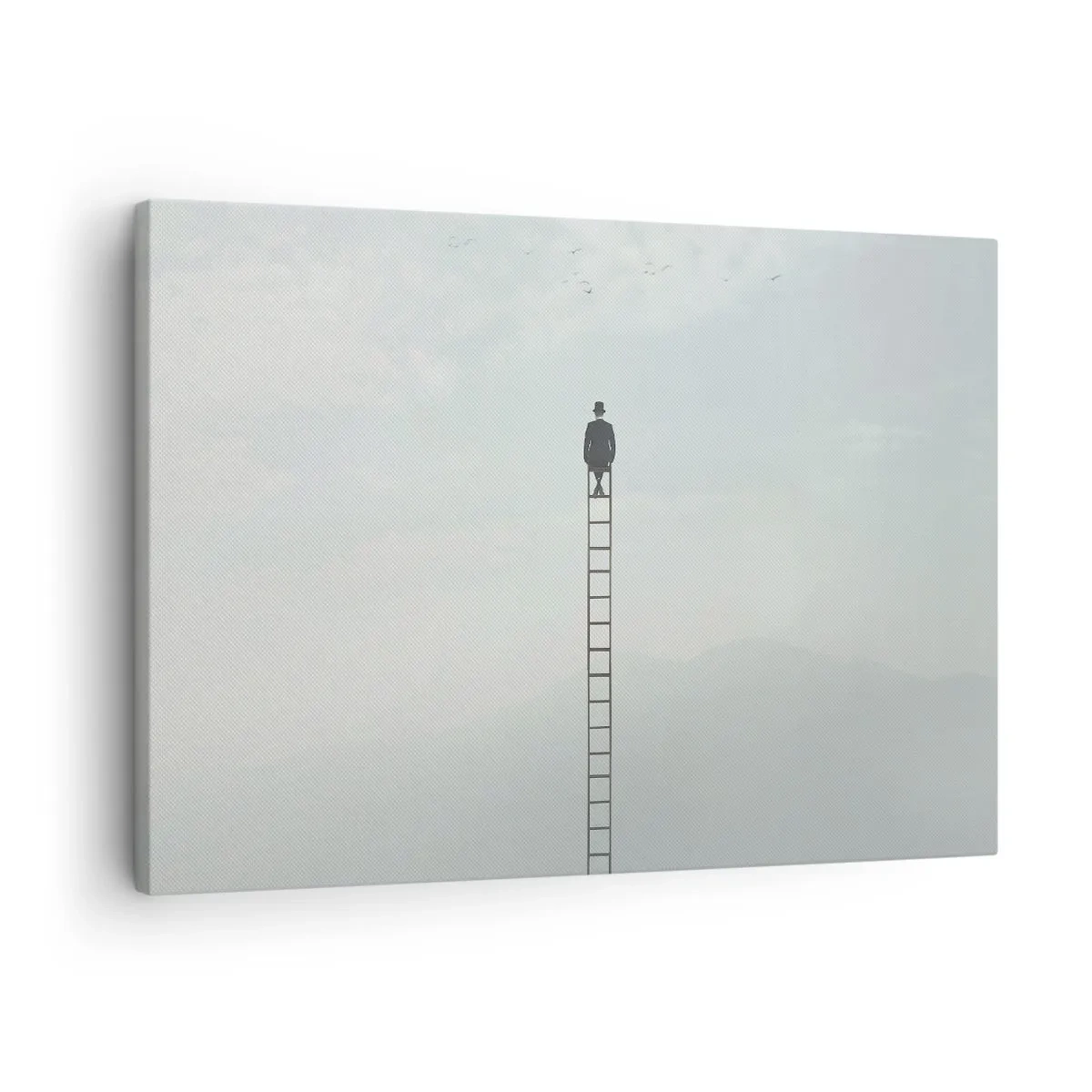 Tablou pe pânză Canvas - Un bărbat pe o scară care se ridică spre cer - 70x50cm - Fii deasupra - Decorațiune modernă pentru perete pentru living și dormitor ARTTOR