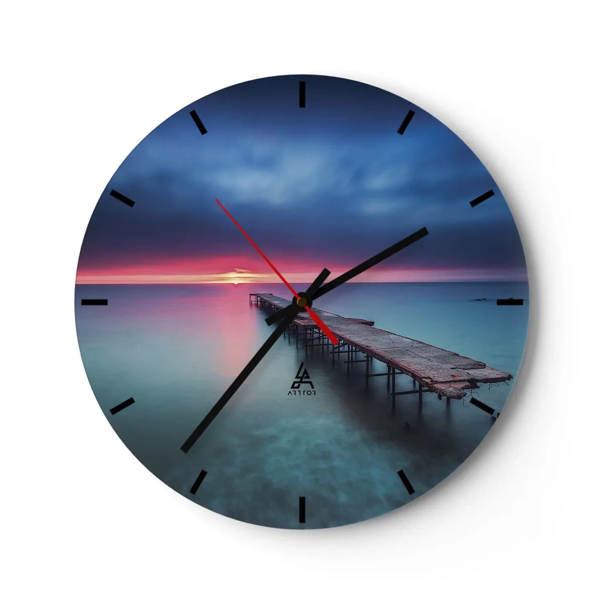 Ceas de perete - Ceas pe sticlă - Un debarcader din lemn peste o mare calmă la amurg - 30x30cm - Între cer și pământ - Decorațiune modernă pentru perete pentru living, bucătărie și dormitor ARTTOR
