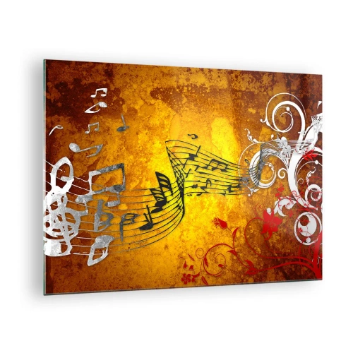 Tablou pe sticlă - Motive muzicale pe un fundal de ornamente aurii - 70x50cm - Lasă muzica să curgă - Decorațiune modernă pentru perete pentru living și dormitor ARTTOR