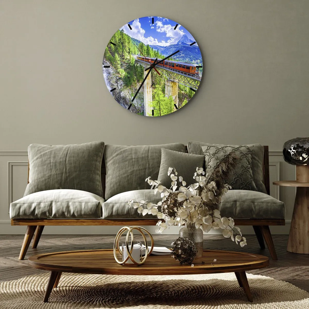 Ceas de perete - Ceas pe sticlă - Un tren roșu traversează un pod într-un peisaj alpin - 30x30cm - Calea ferată din Alpi - Decorațiune modernă pentru perete pentru living, bucătărie și dormitor ARTTOR